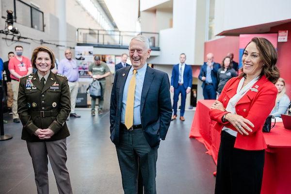 General Jim Mattis USMC (Ret), 26th Secretary of Defense MSU Denver President Janine Davidson, Ph.D., and GEN Richardson chat before the President's Speaker Series on April 25, 2024.