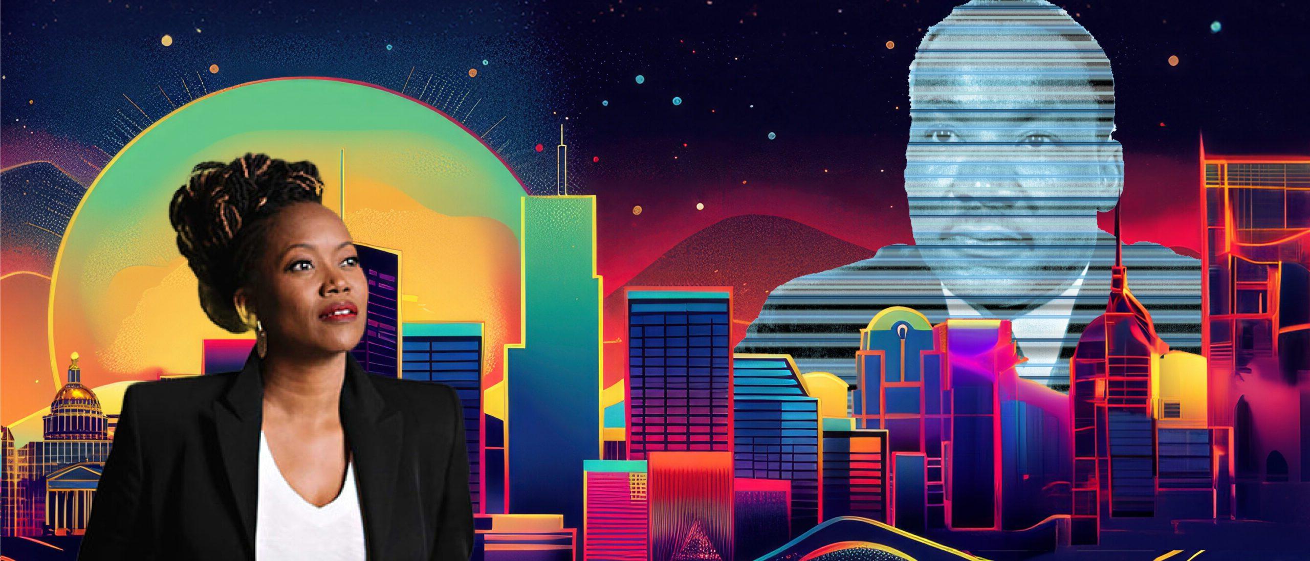 A vibrant, stylized cityscape at night, illuminated in neon colors with a large, transparent image of Martin Luther King Jr.'s face in the sky, resembling a hologram. To the right, Erika Alexander with braided hair, wearing a blazer and white shirt, gazes upward thoughtfully. The city buildings are varied in height and color, with glowing accents that add a futuristic feel. A large greenish-yellow circle in the background suggests a setting or rising sun.